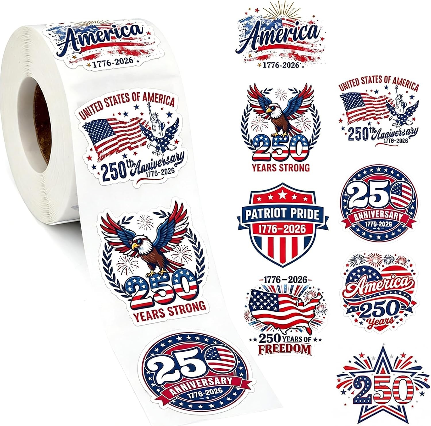 500PCS Patriotic USA Stickers Roll American Flag 250th Anniversary Decals 2026