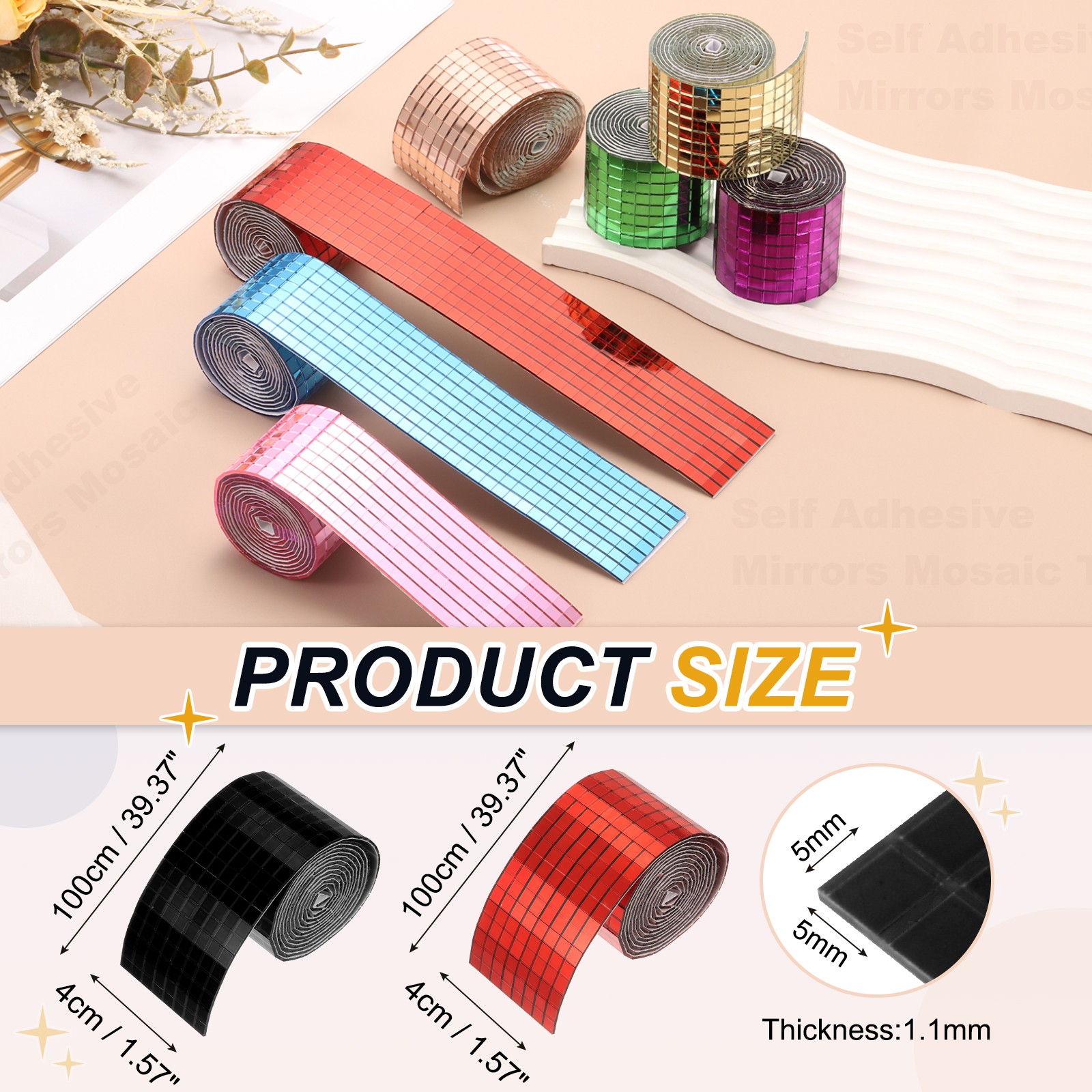 5x5mm Self Adhesive Mirrors Mosaic Tiles, 3840 Pcs Mosaic Sticker, Red Black