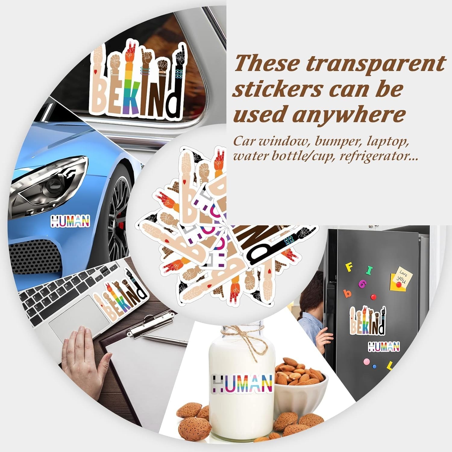 Colorful Be Kind & Human Stickers – 12 Durable Decals for Outdoor and Indoor Use