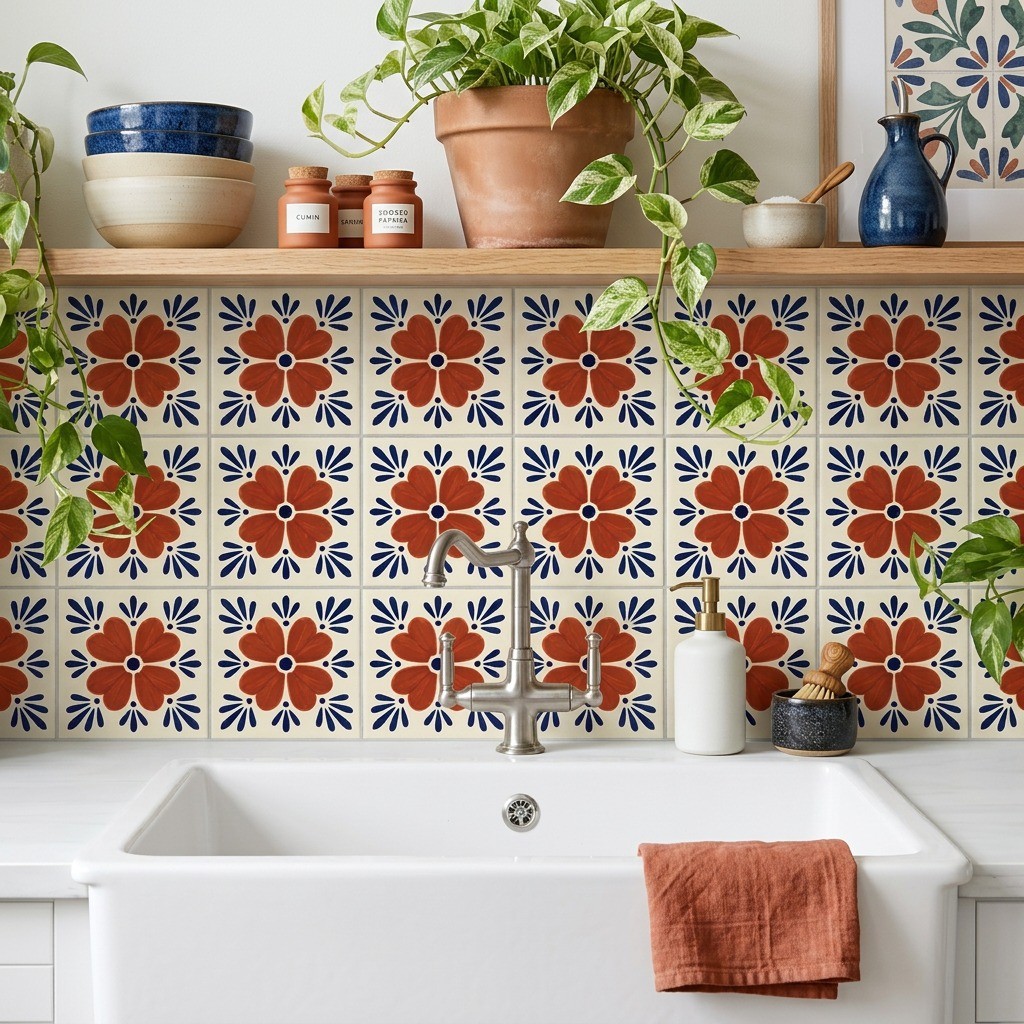 Peel and Stick Tile Stickers Terracotta Blue Mexican Talavera Kitchen Backsplash