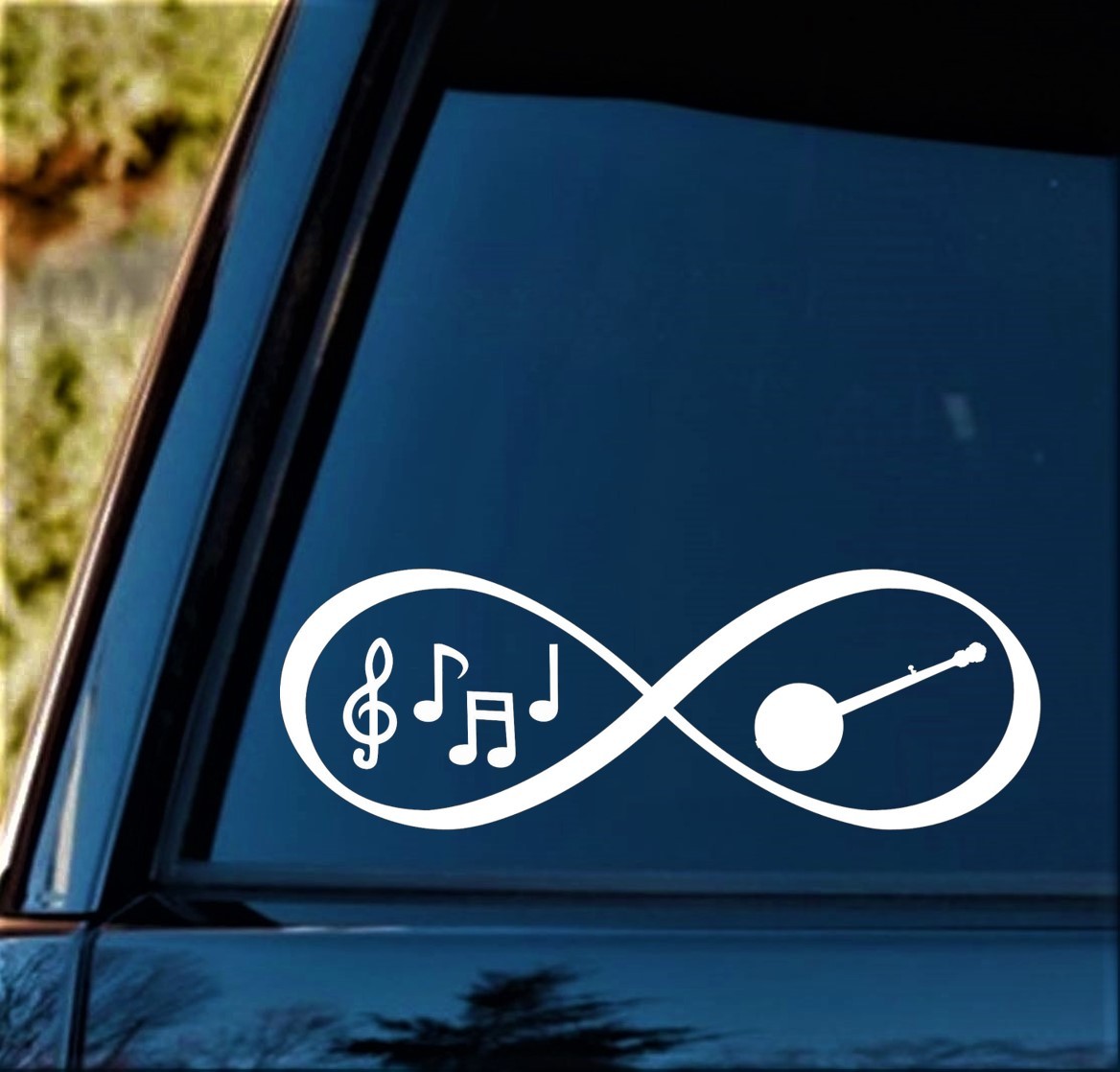 Banjo Bluegrass Music Notes Infinity Decal Sticker for Car Window 8 Inch BG 188