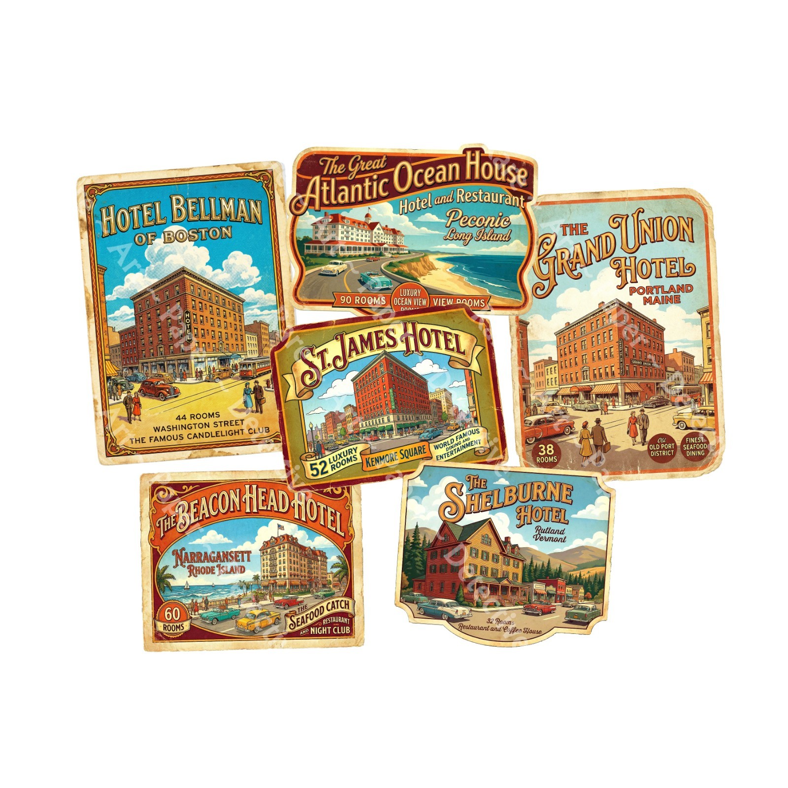 New England Hotel Luggage Stickers, 6 Labels, Cut and Peel Sheet, 1375