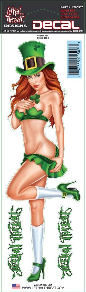 NEW LETHAL THREAT IRISH LASS PIN-UP DECAL STICKER 3"x10" LT00507