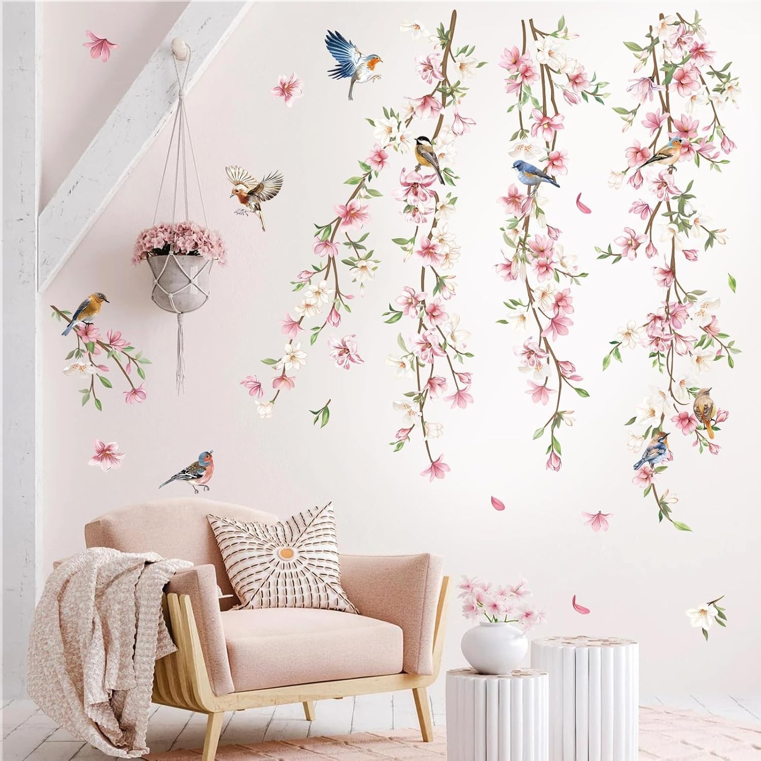 Waterproof Floral Wall Stickers: Bright Birds and Vines for Living Spaces