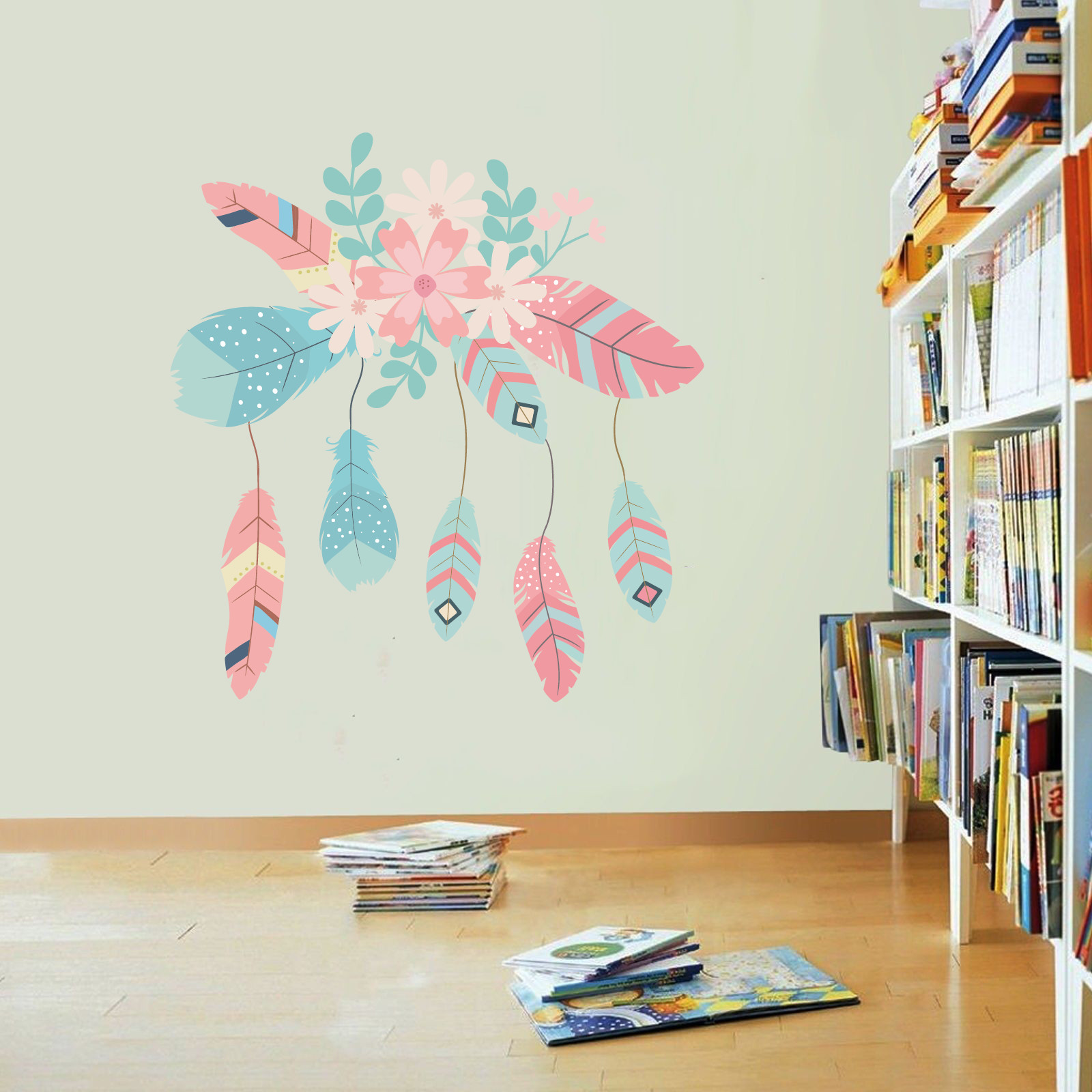Home Art Multicolored Flowers Leaves Bird Feathers Design Vinyl Wall Decal 20×21