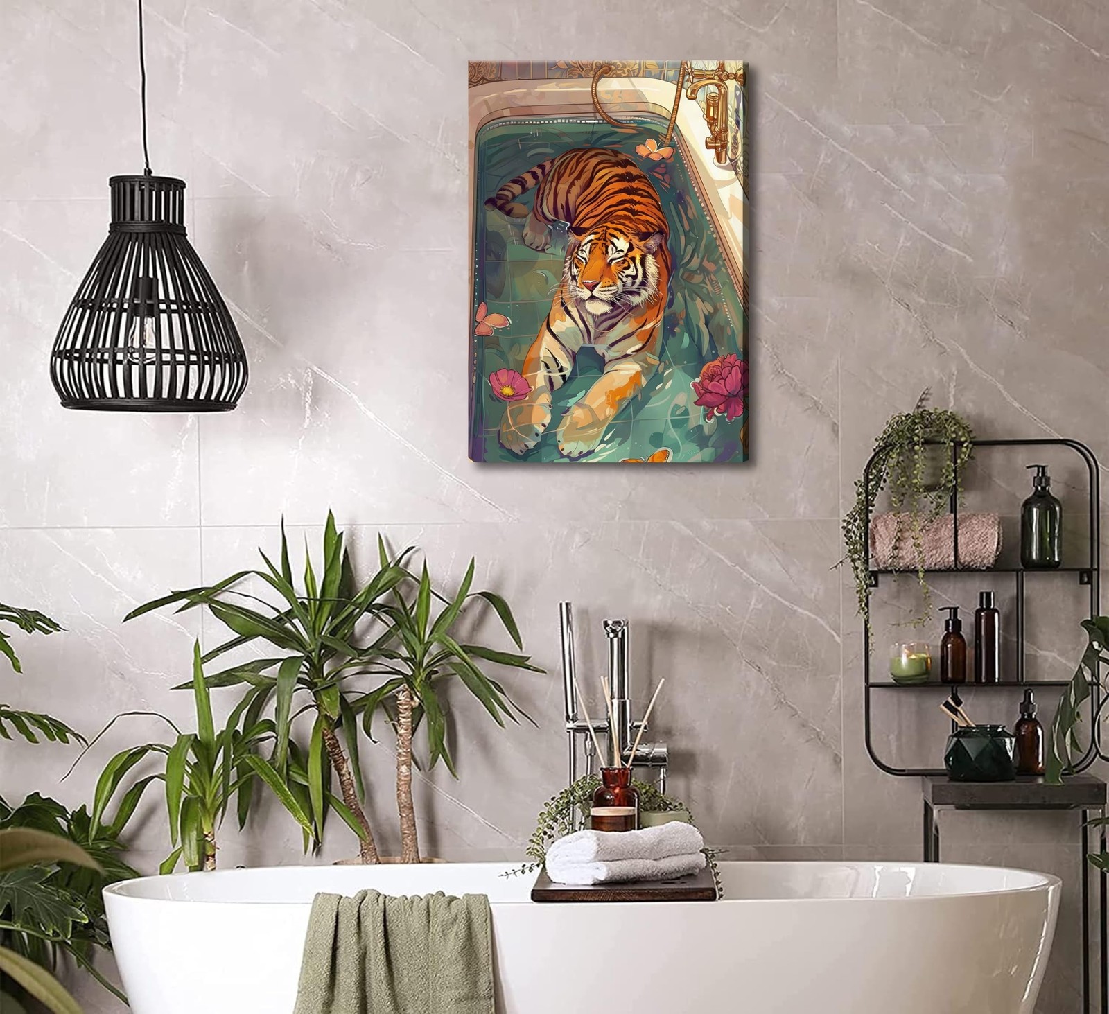 Tiger in Bathtub Canvas Wall Art Funny Bathroom Animal Painting Picture Wall …
