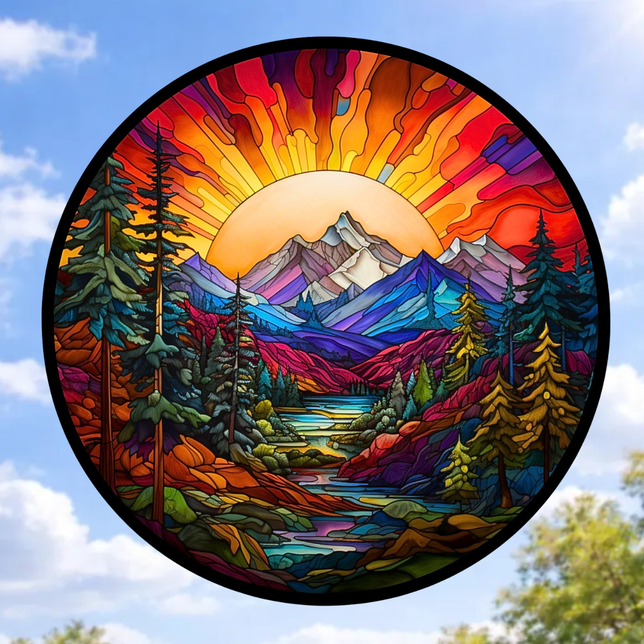 Sunset on Mountains & Trees Faux Stained-Glass WINDOW CLING Size 8" Round Vinyl