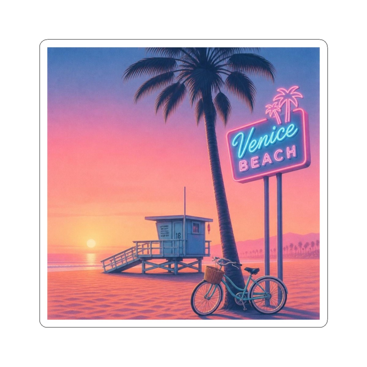 Venice Beach Neon Sunset Kiss-Cut Sticker | Palm Tree Bike Lifeguard Tower