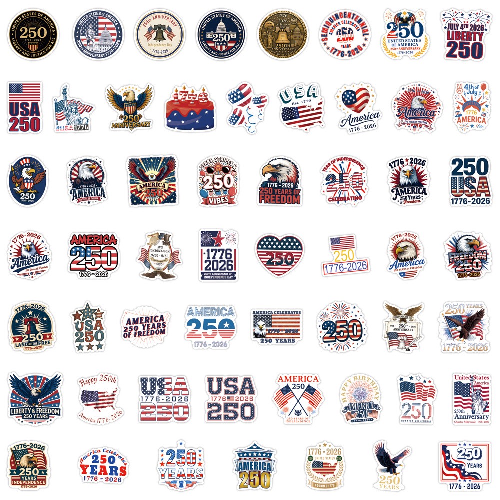 56Pcs USA 250th Anniversary Patriotic Stickers Waterproof Decals for Luggage