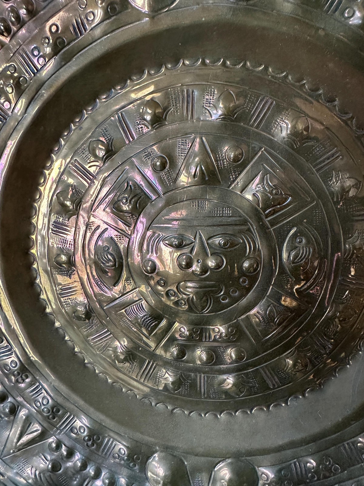 Vintage Embossed Copper Aztec Calendar Wall Plate | MCM Mexican Art