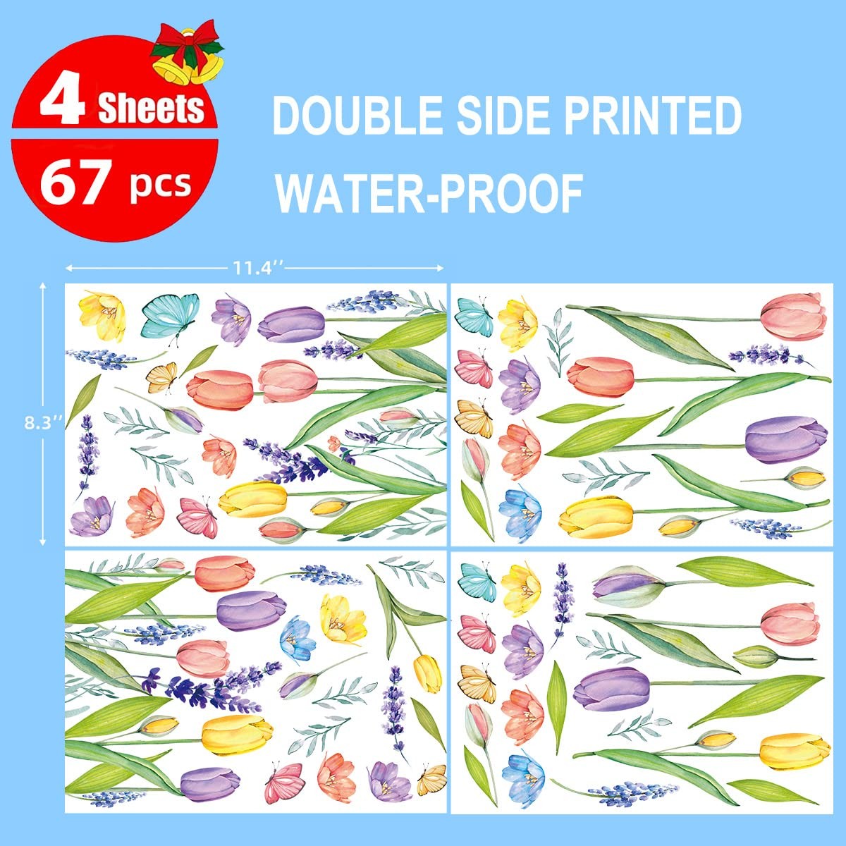 Spring Summer Window Cling Stickers 67 PCS Tulip Butterfly Flower Decals