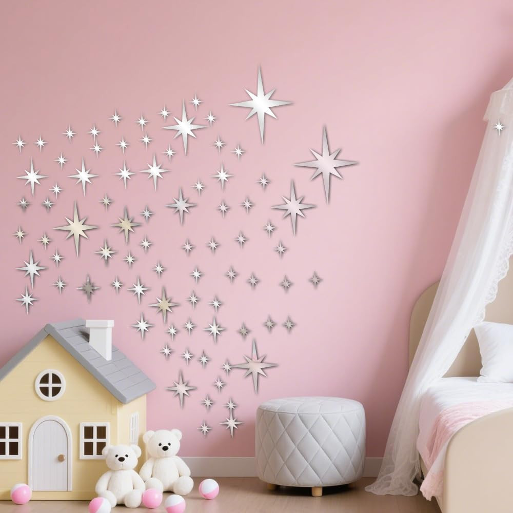 71 Pcs Silver Star Stickers, 3D Acrylic DIY Star Mirror Wall Stickers Decor, Rem