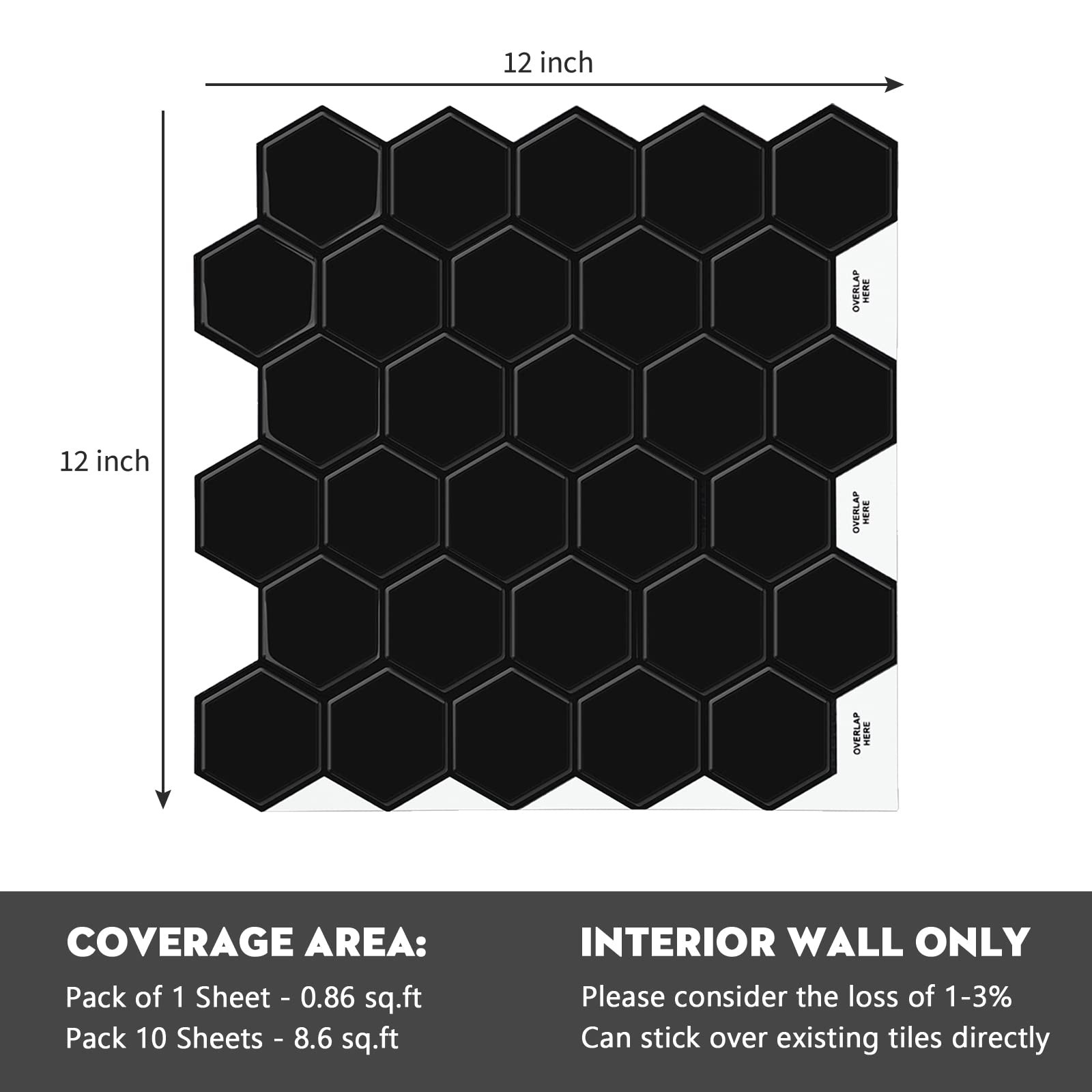 Black Hexagon Tile Peel and Stick Backsplash, 12"x12" -Adhesive 3D Stick on W…