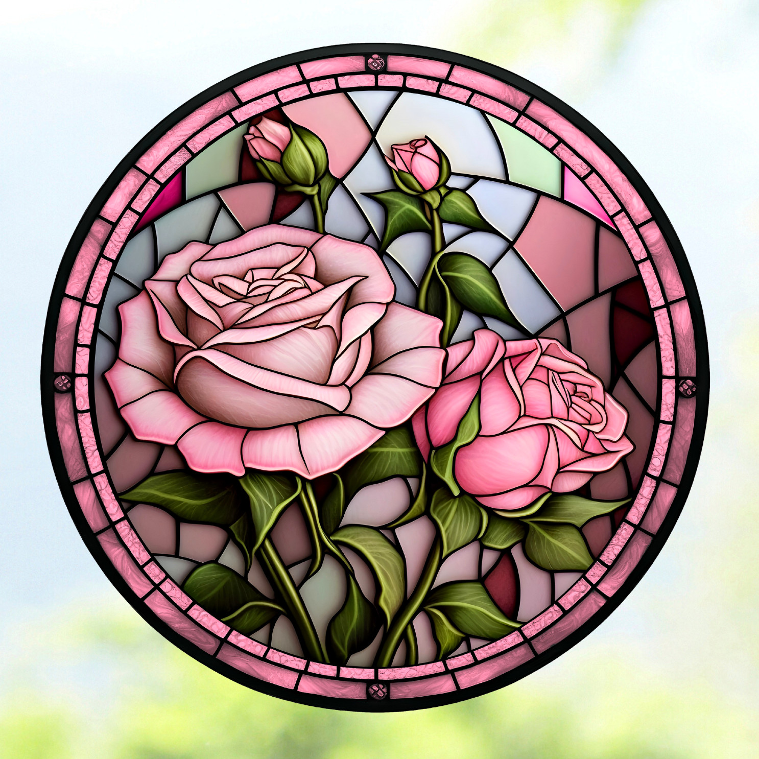 Pink Roses Faux Stained-Glass WINDOW CLING Size 8" Round Vinyl