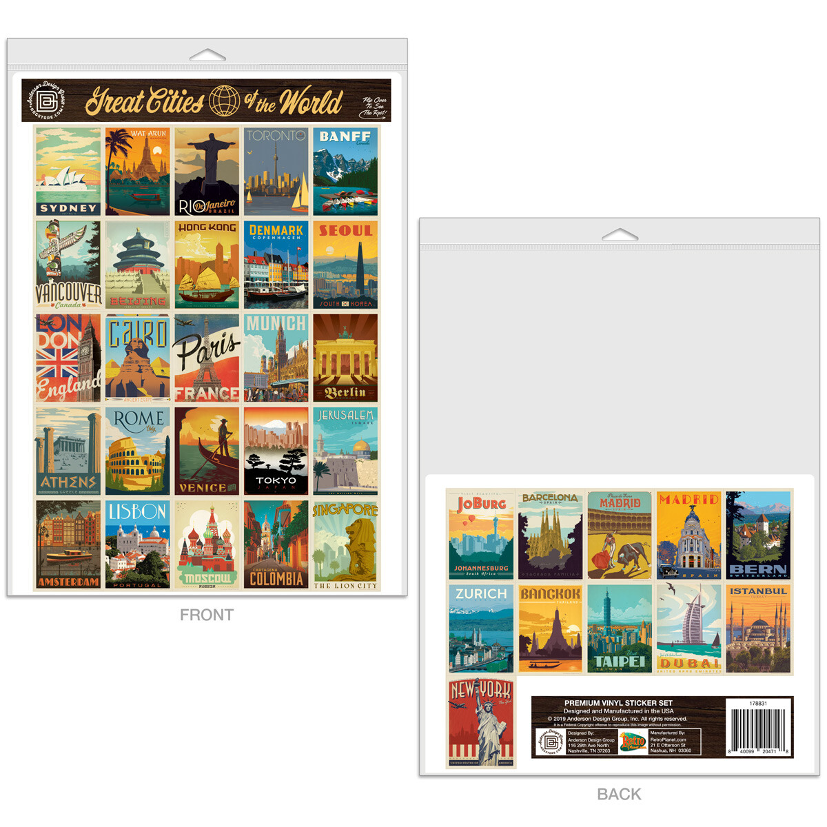 Great Cities of the World Vinyl Sticker Set of 36 Retro Travel Bumper Stickers
