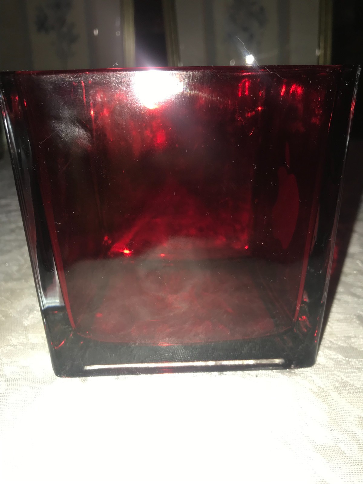 APPLE Inc. WHITE Iconic LOGO Red HEAVY Glass VASE Planter BOWL 4¾" SQUARE Cube