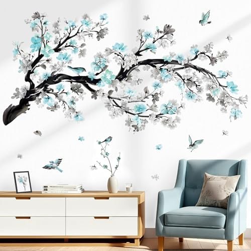 Watercolor Blue Flower Branch Wall Stickers Blossom Tree Floral Birds Peel and S