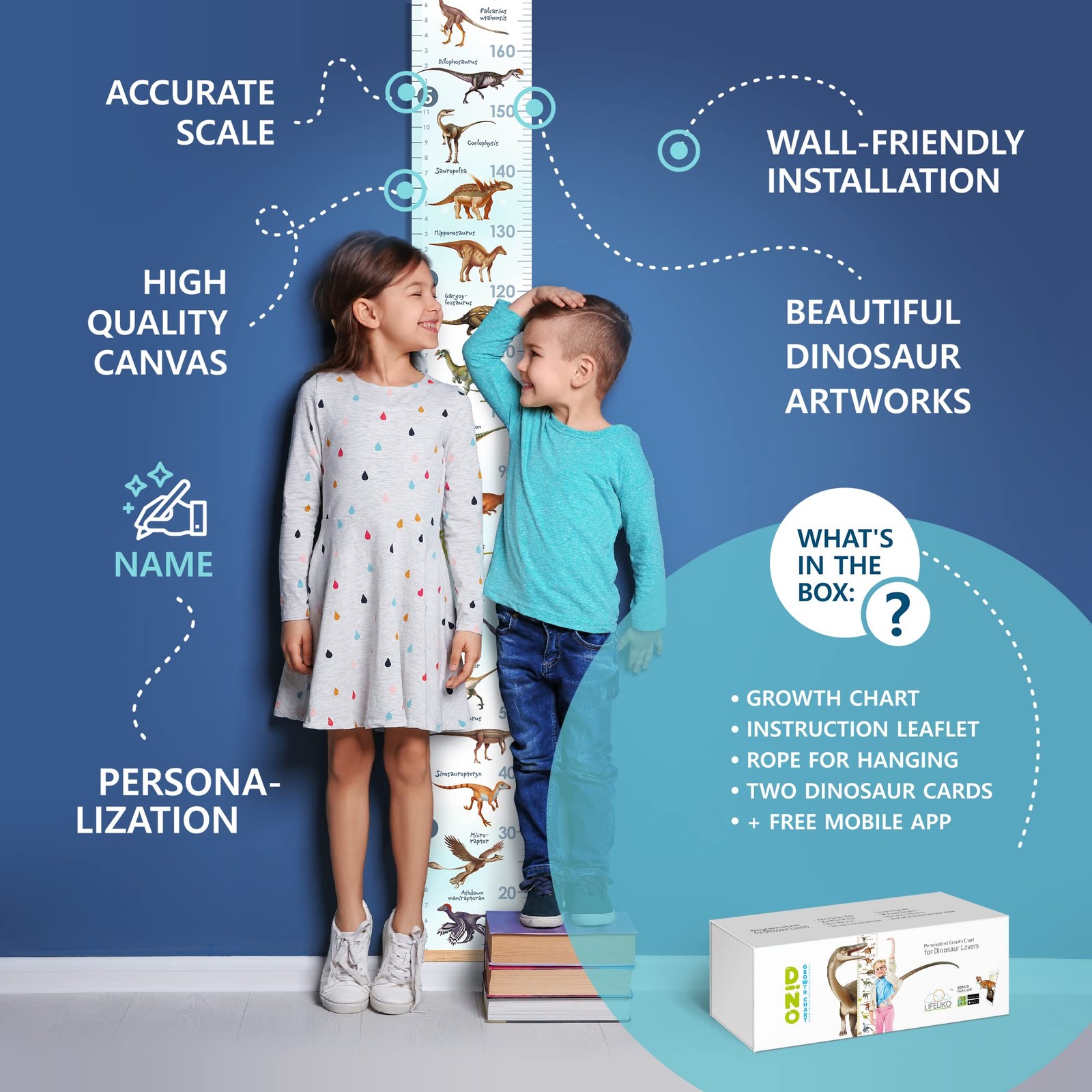 LIFELIKO Personalised Growth Chart for Dinosaur 1 Count (Pack of 1), Blue