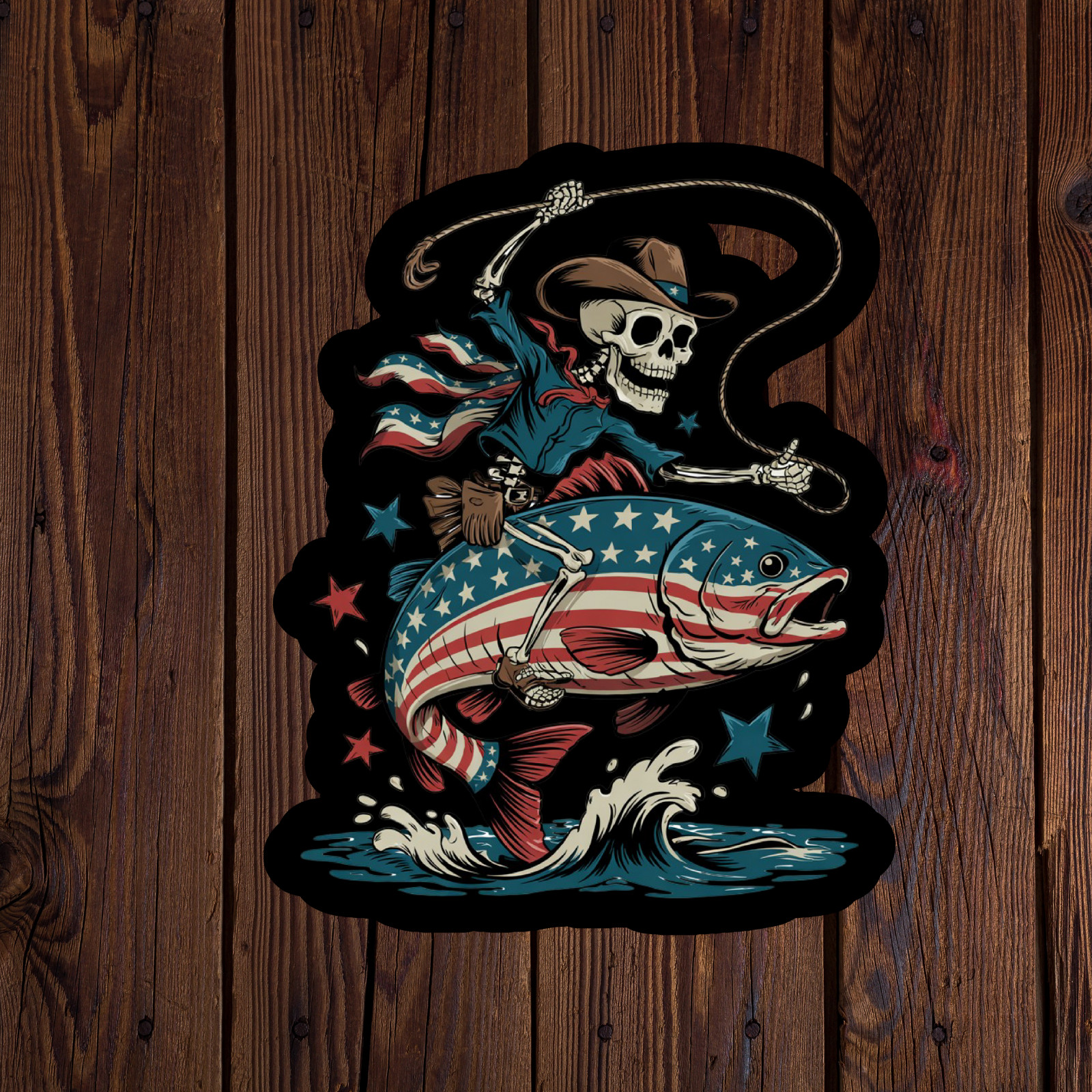 American fishing sticker vinyl decal skeleton cowboy bass western tough freedom