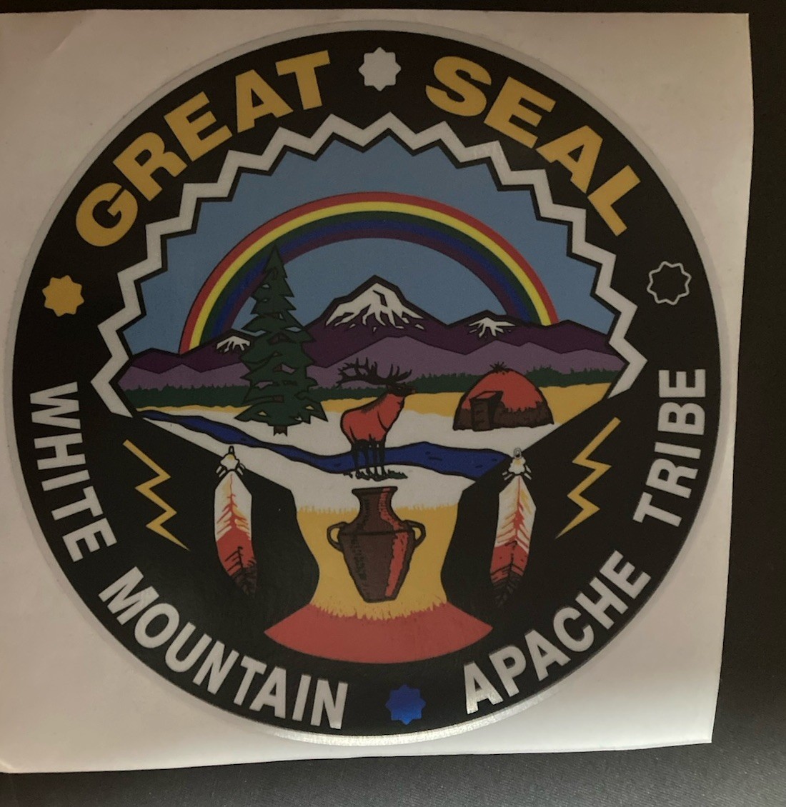 Reflective white Mountain Apache Tribal Seal sticker 8 Inches