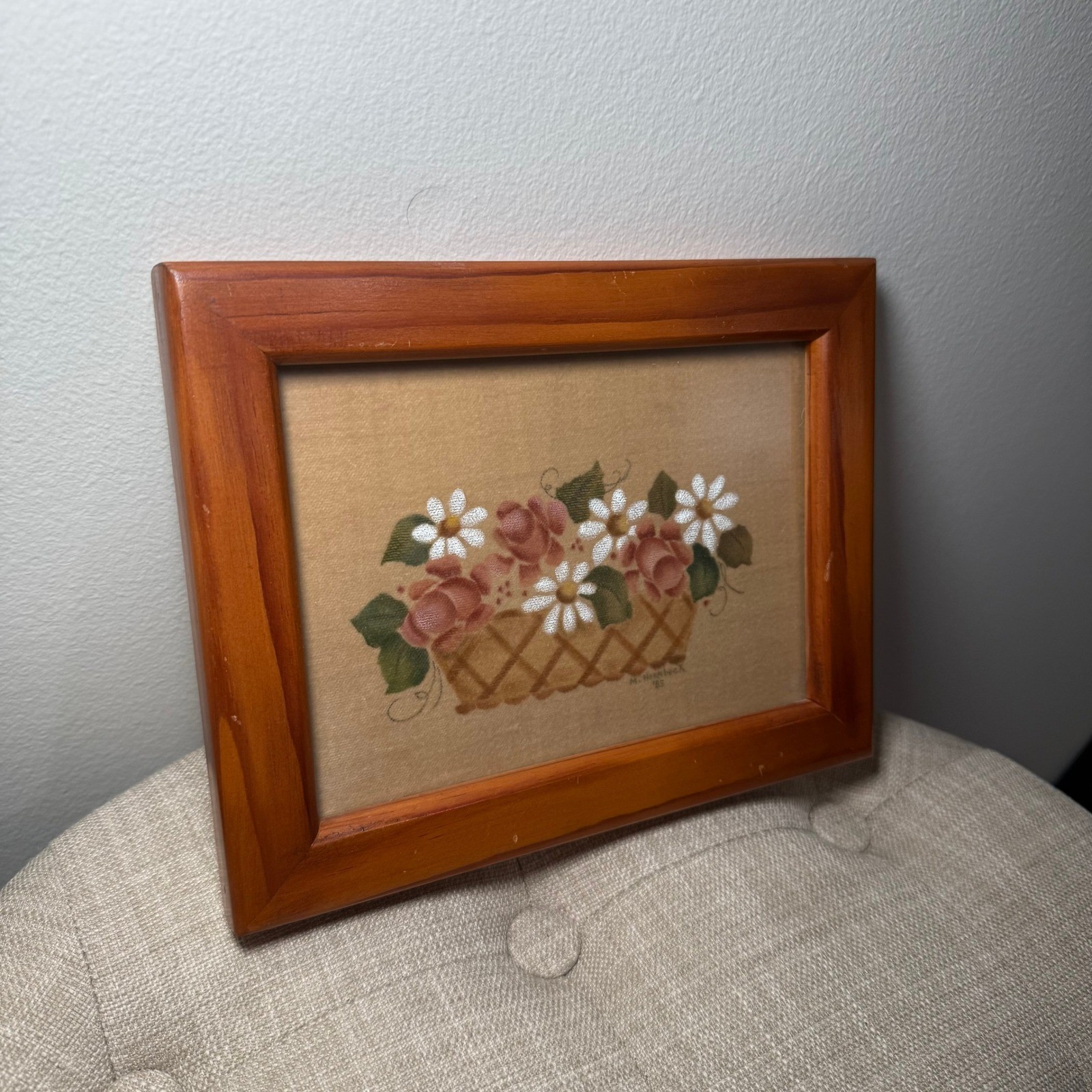 Vintage 1983 Theorem Painting Folk Art Roses Daisies Basket Signed M Hornbeck