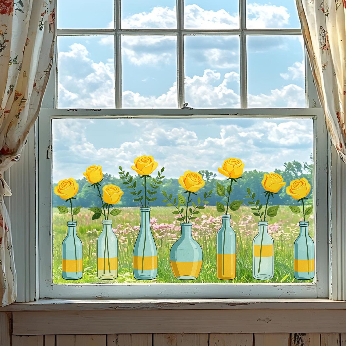 PVC Yellow Rose Window Cling 23.6×11.8in Double-Sided for Indoor Outdoor