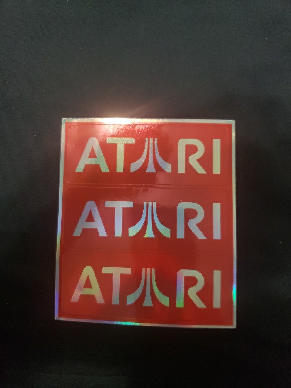 Set of 3 ATARI Red Classic Logo Stickers , Metallic-Decals 3" × 1”