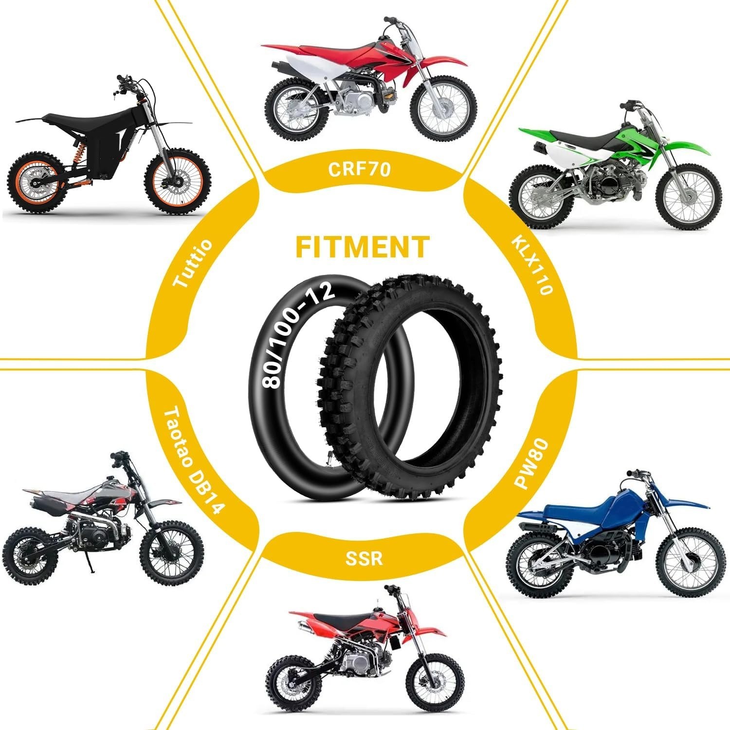 Dirt Bike Rear Tire and Inner Tube 3.00-12 80/100-12 90cc-125cc XR70 CRF70