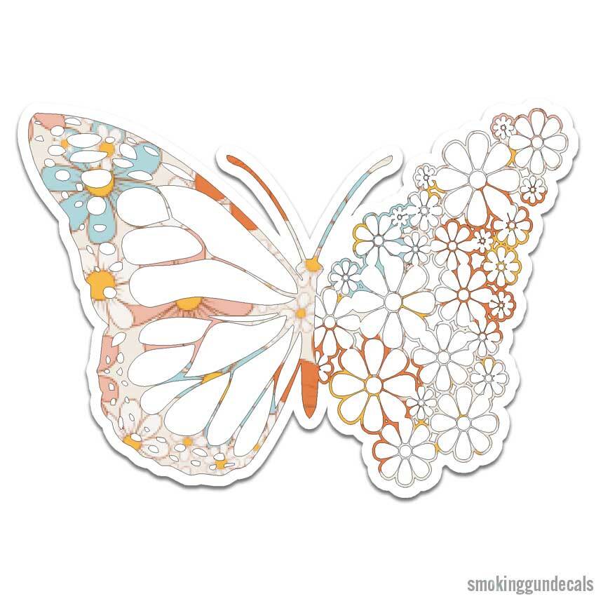 Butterfly Daisies Flowers, Vinyl Decal Sticker, Indoor Outdoor, 3 Sizes, #12070