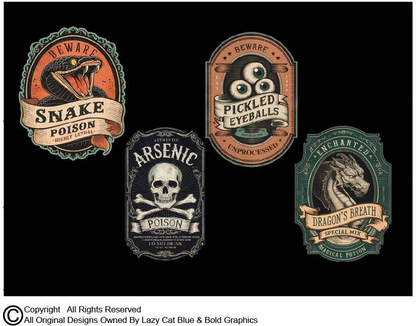Apothecary Bottle Labels Decal Stickers Setof 4 Poison Witch Halloween Goth Core