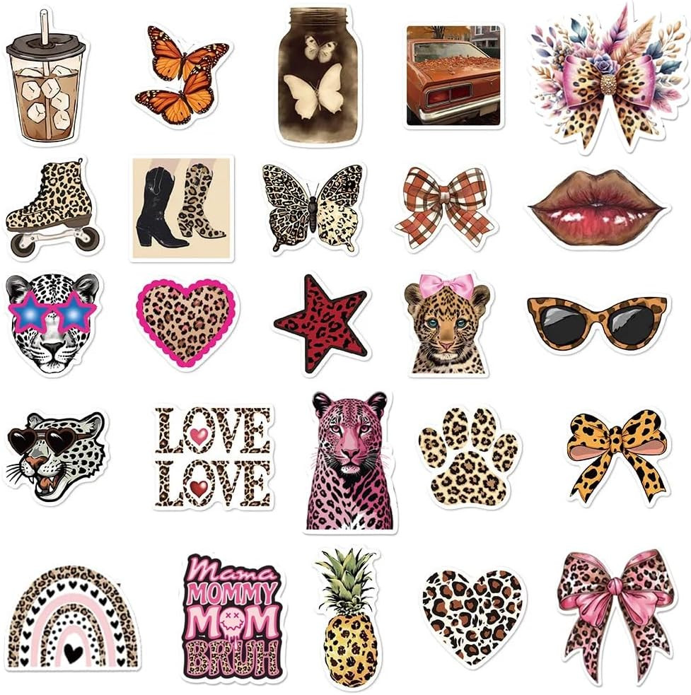 100PCS Leopard Print Stickers Pack – Pink Brown Aesthetic Animal Decals