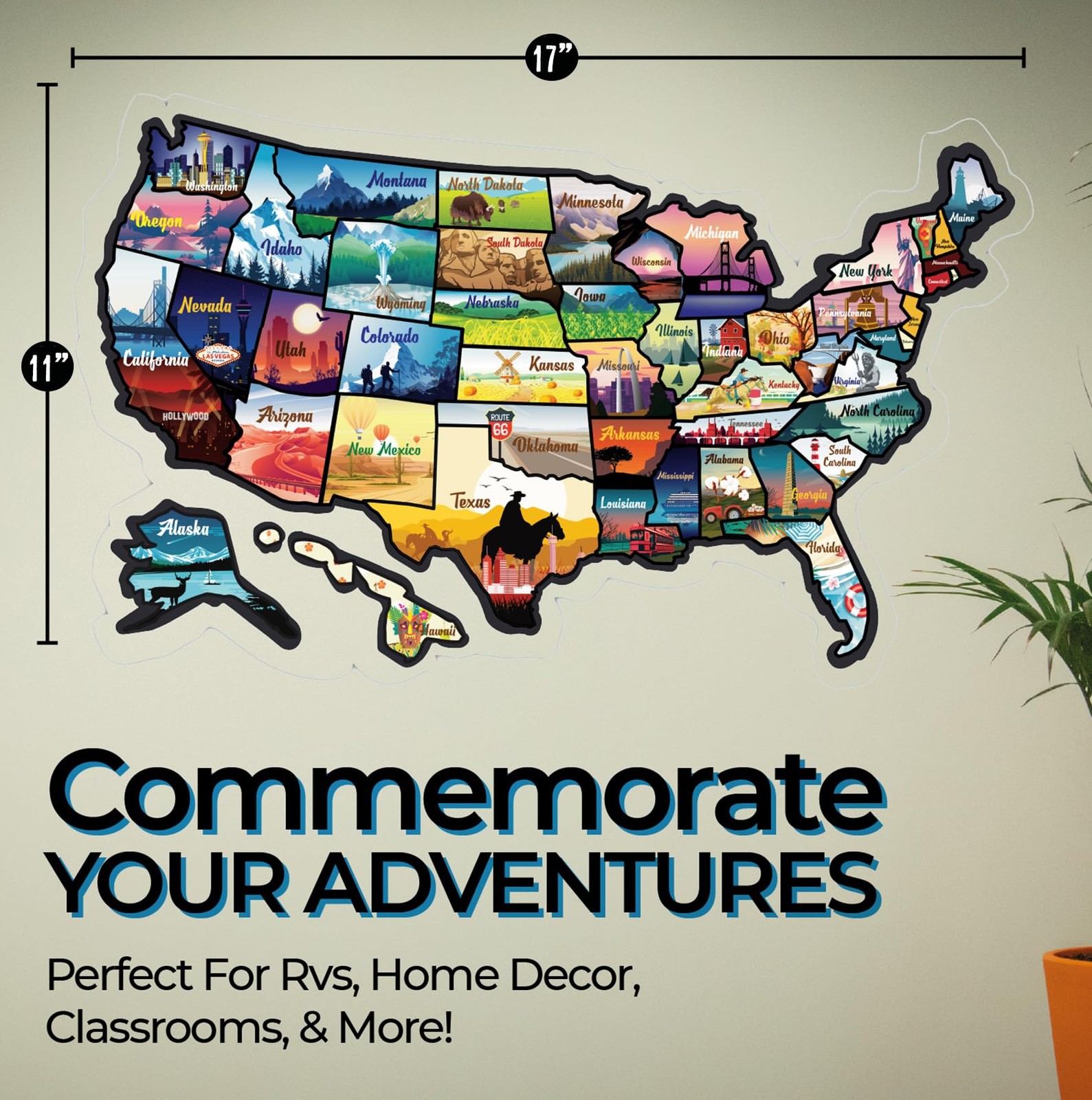 RV State Sticker Travel Map – 17 x 11 inch Large USA Decal with 50 Waterproof