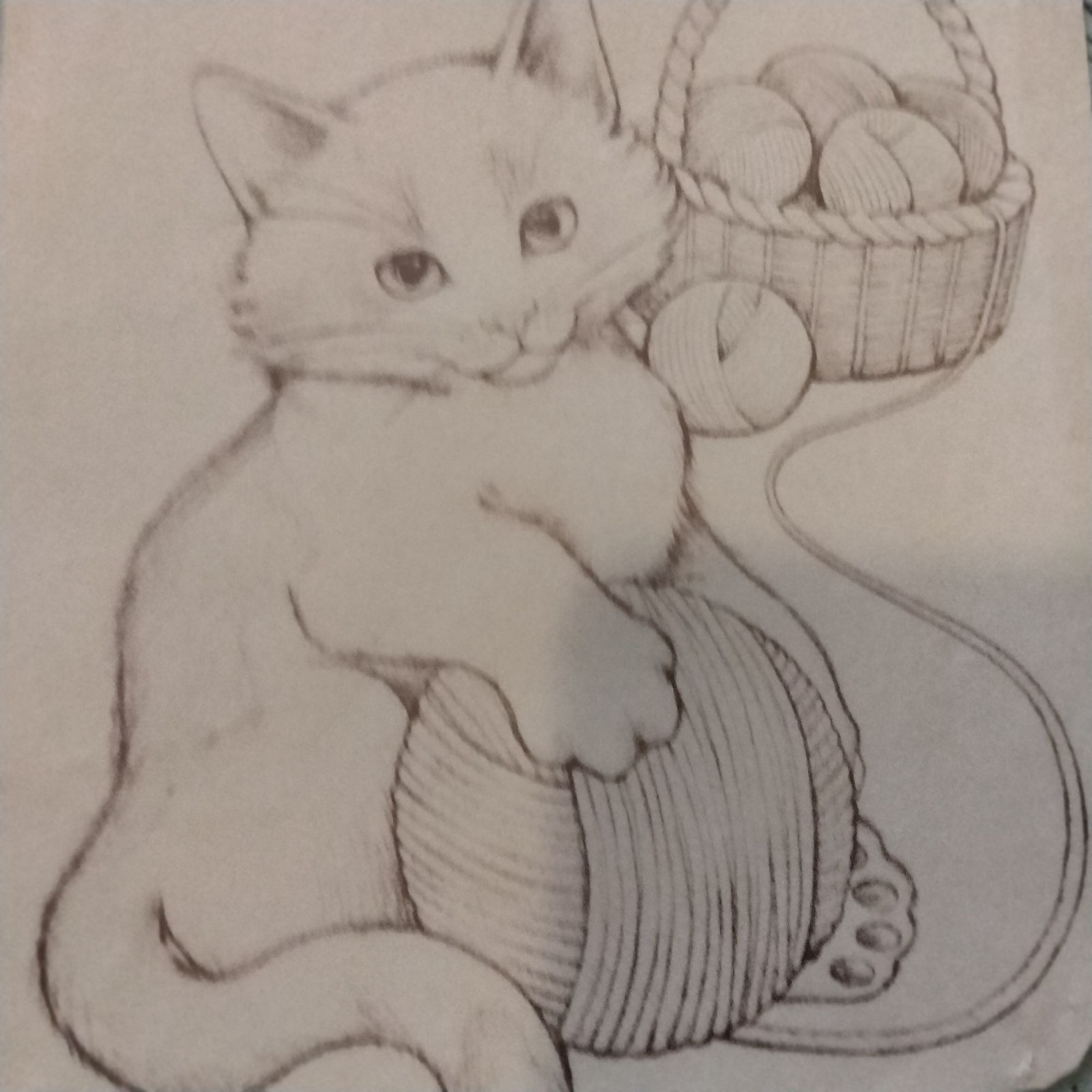 Iron On Cat Transfer 6 x 8 Inches Playful Kitten Yarn Basket Design