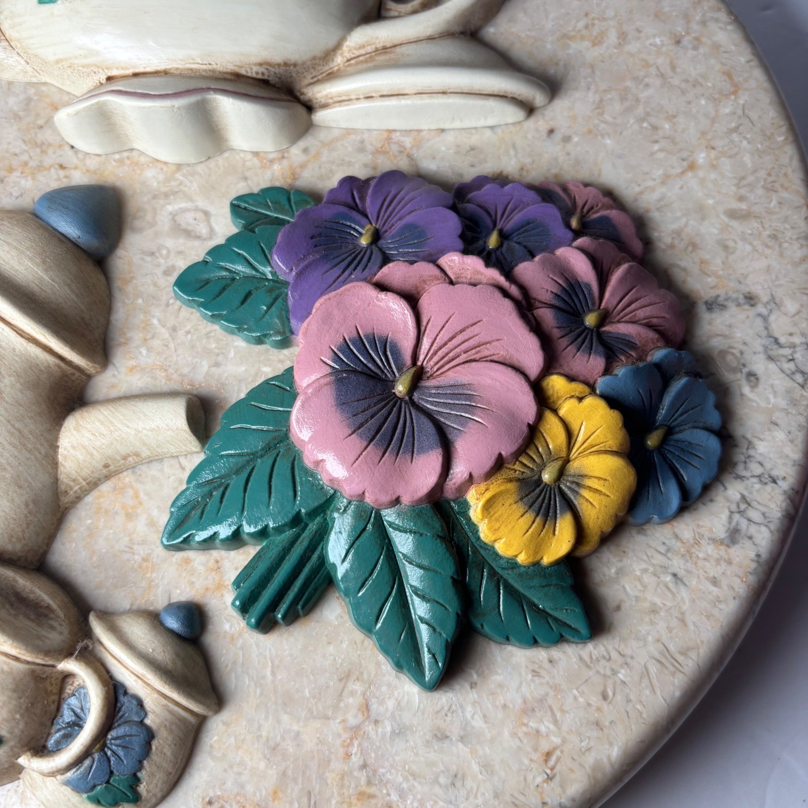 Home Interiors Vintage Teapot Pansy Wall Art Set 3pc Cream Floral 1995 USA