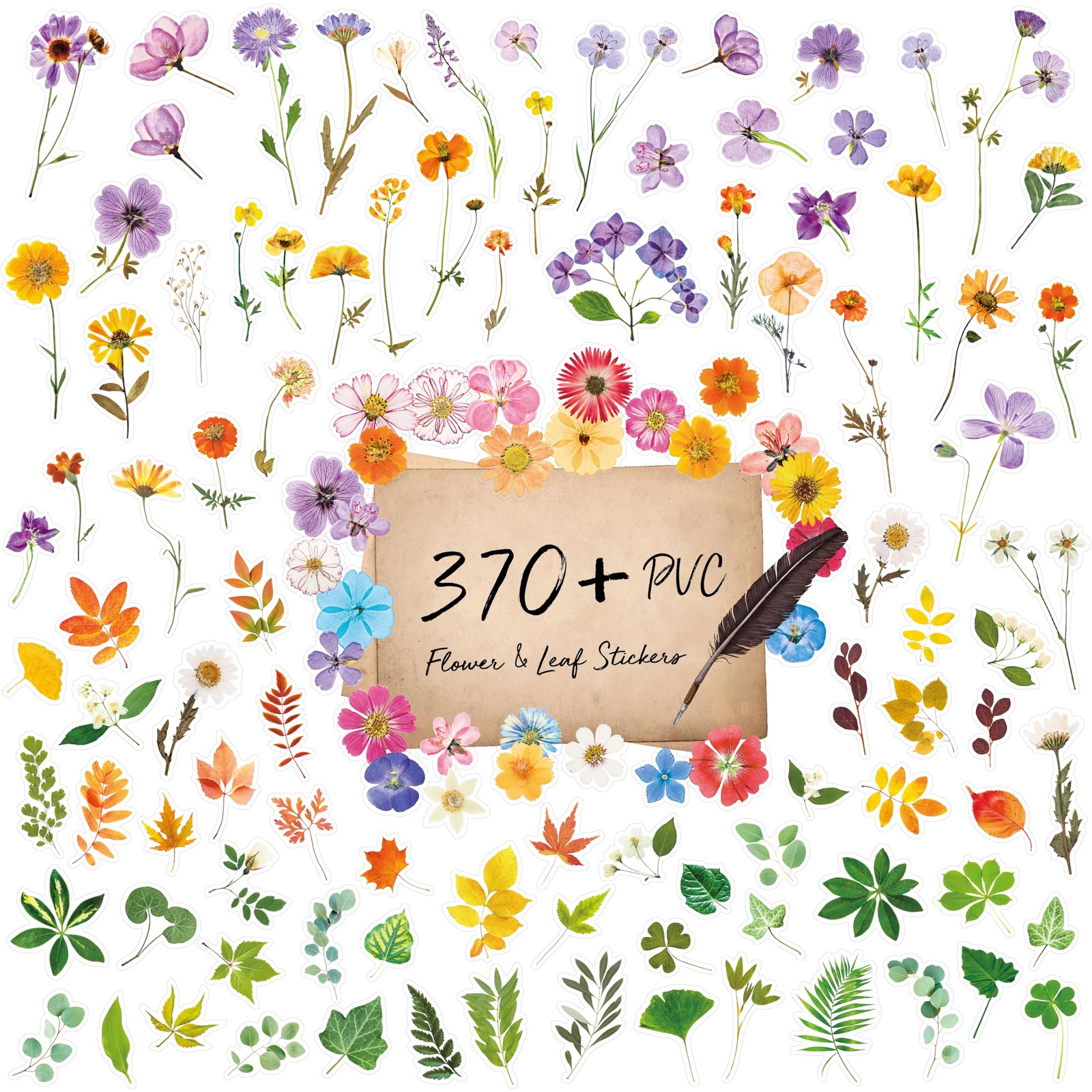 370+ PCS PVC Flower Stickers, Self-Adhesive PVC Greenery Stickers Nature Plant D