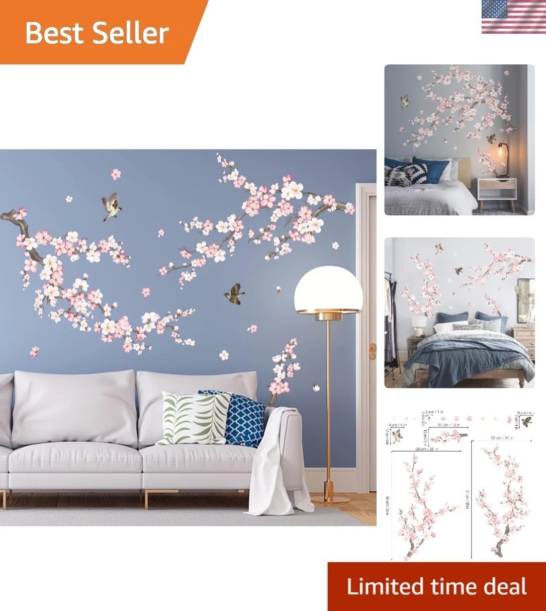 Art Deco Cherry Blossom Wall Decals – Waterproof Floral Stickers for Kids