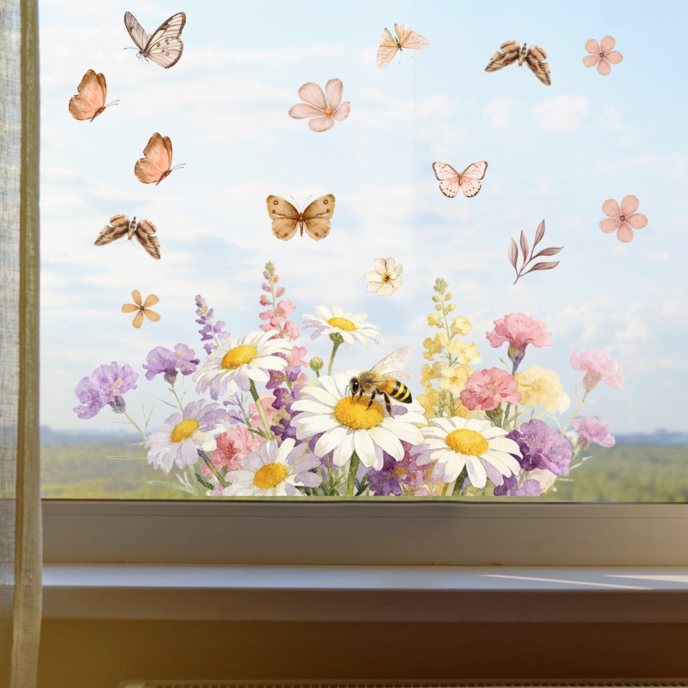 Floral Butterfly Theme Static Cling Window Sticker 11.81×23.62in Purple PVC