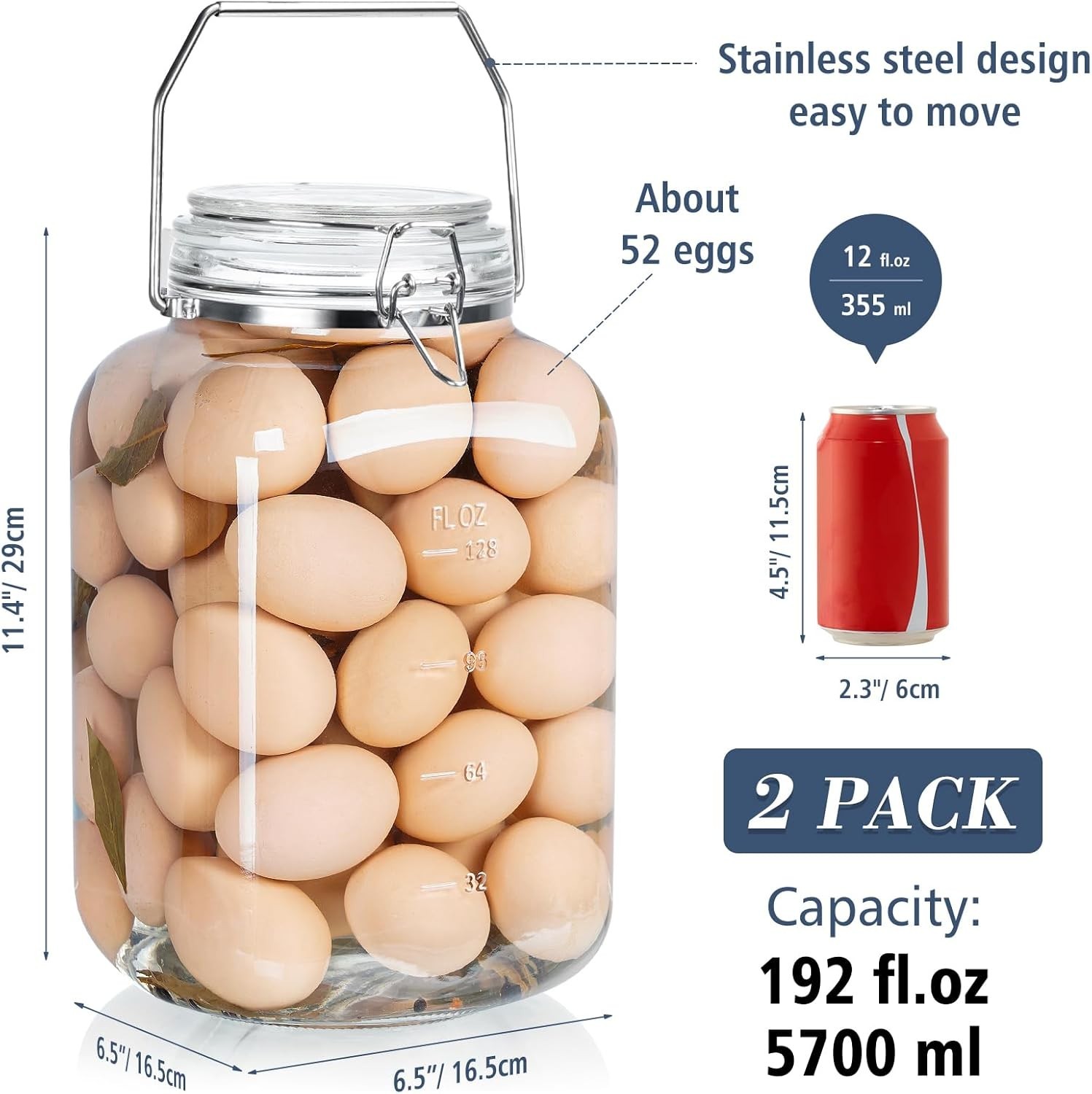 2 Pack 1.5 Gallon Glass Jar with Airtight Lid, 192 Oz Square Wide Mouth Mason Ja