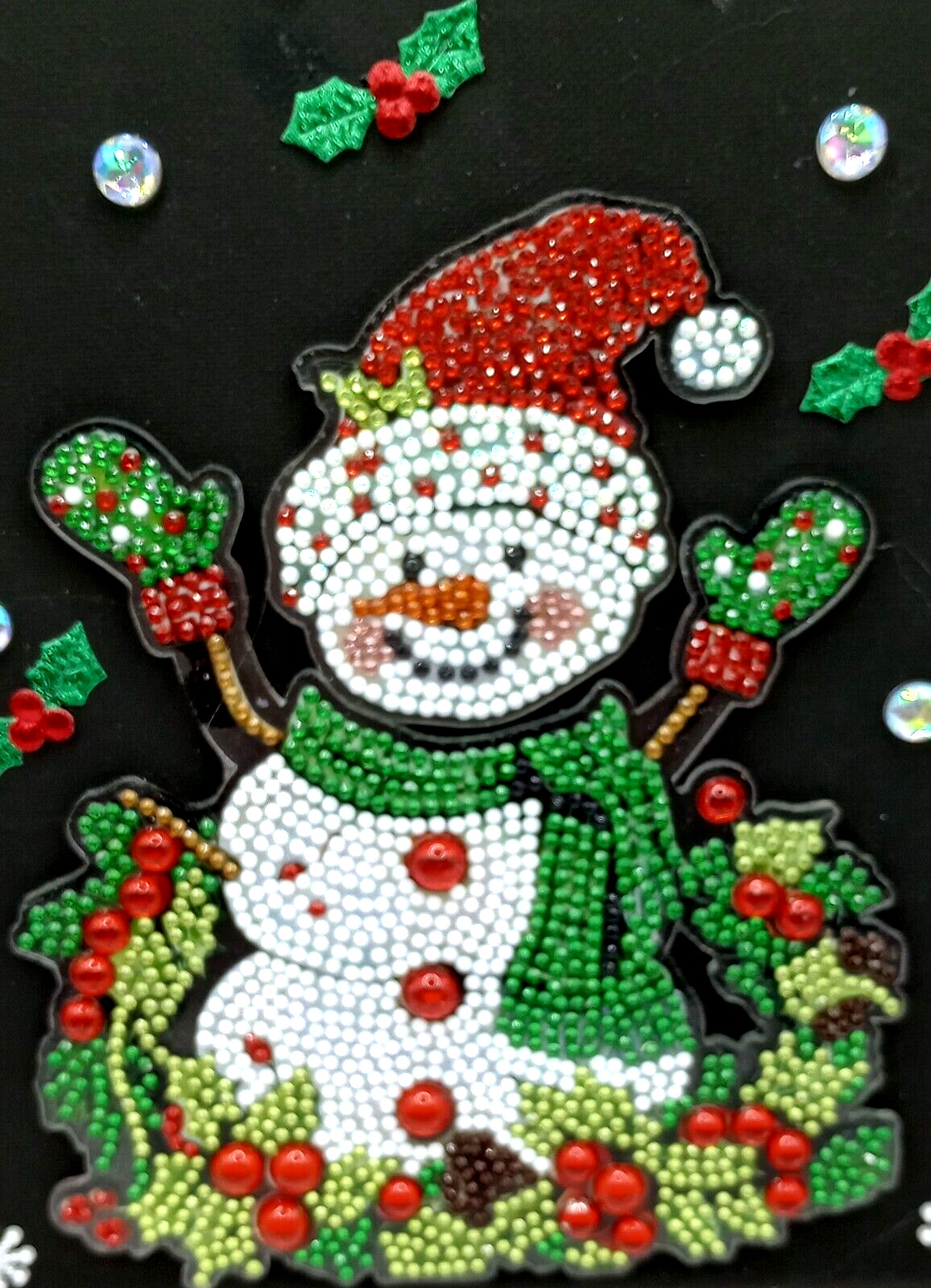 COMPLETED Diamond Art Acrylic Snowman on Black Stretched Canvas