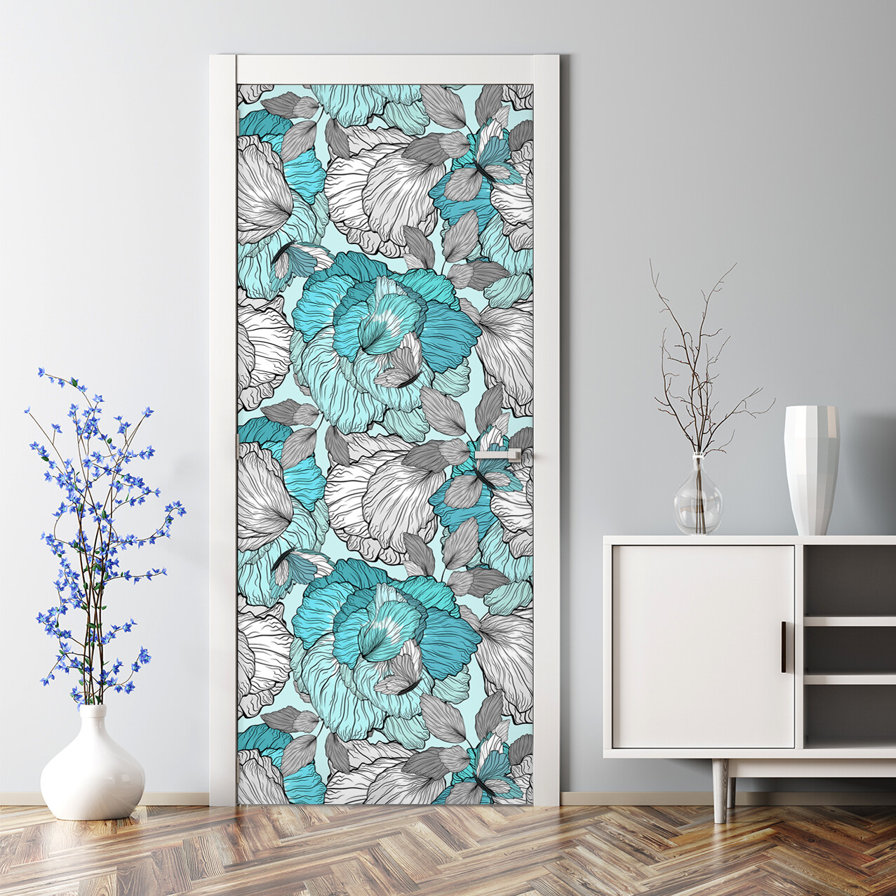 Bubble Free Door sticker Flowers Doodle style Sketch Elegant Blue and white