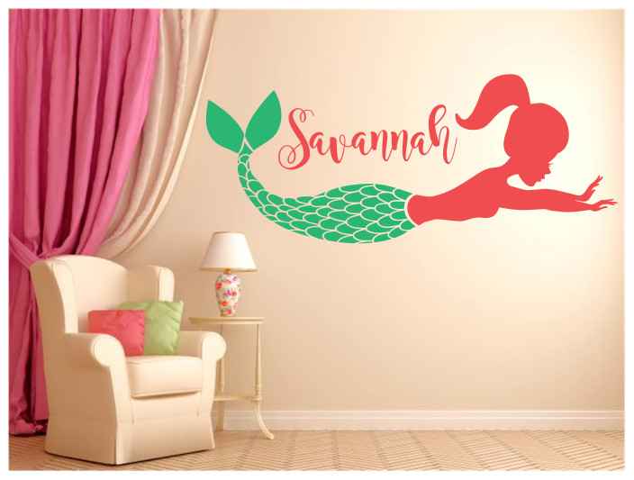 BEAUTIFUL MERMAID PERSONALIZED NAME LARGE WALL VINYL DECAL ART 22" COLOR CHOICES