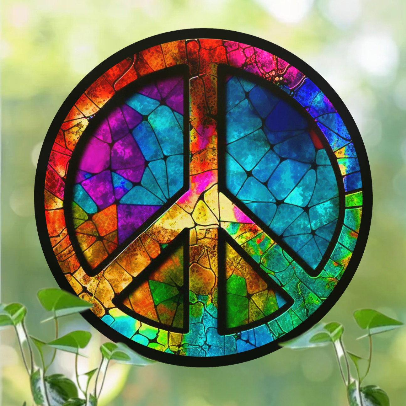 Peace Sign Faux Stained-Glass WINDOW CLING Sun-catcher Size 8" Round Vinyl