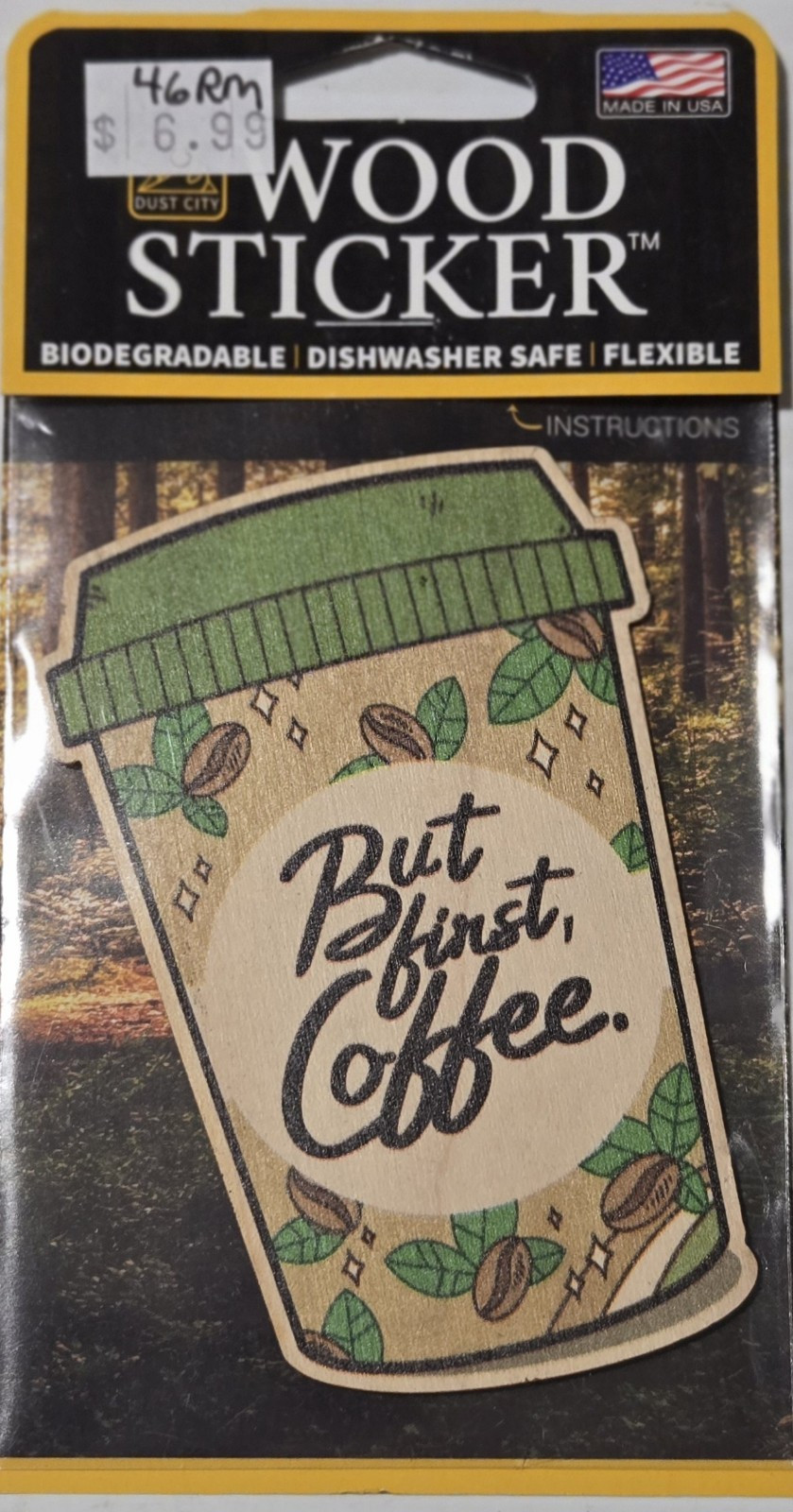 Dust City Wood Sticker "Coffee" biodegradable, dishwasher safe, flexible. USA