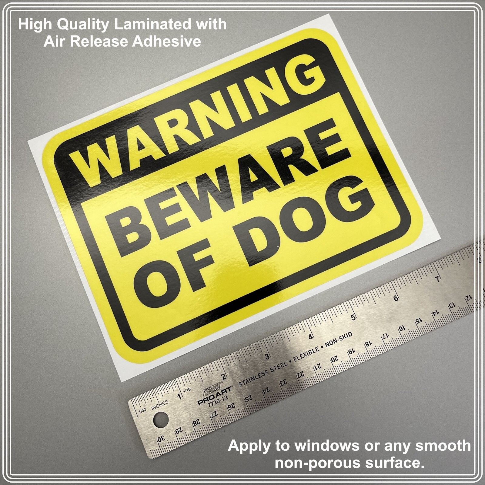 BEWARE OF DOG High Quality Laminated Sticker Yellow Black 7.25"x5.5" SHIPS FREE