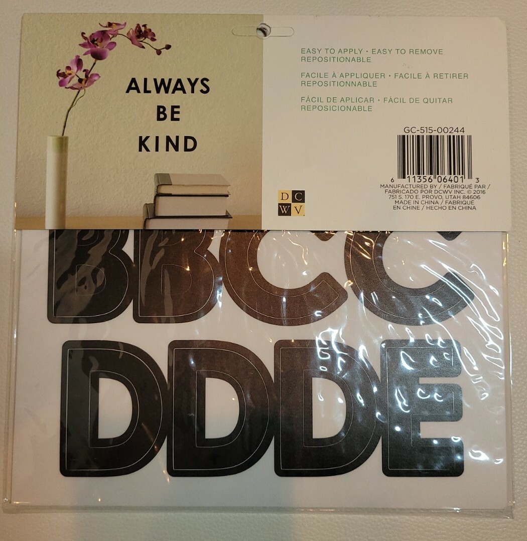 NEW! DCWV Create Décor Removable Wall Decals 8"X8"-Black Alphabet, 8 Sheets