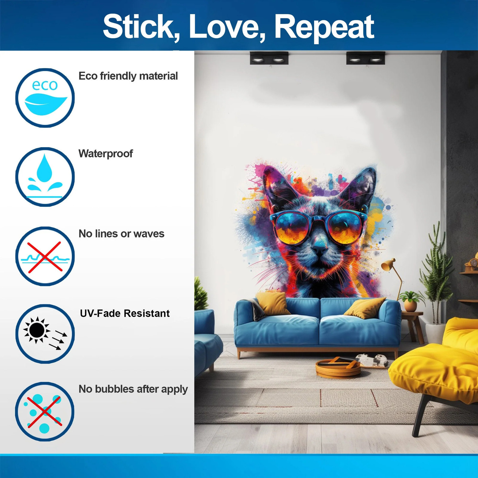 Cat with Sunglasses Wall Decal – Dynamic Watercolor Kitten Art Sticker for