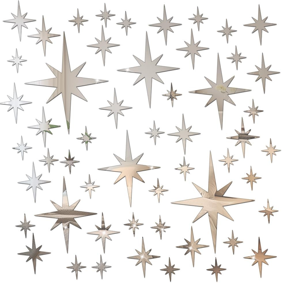 71 Pcs Silver Star Stickers, 3D Acrylic DIY Star Mirror Wall Stickers Decor, Rem