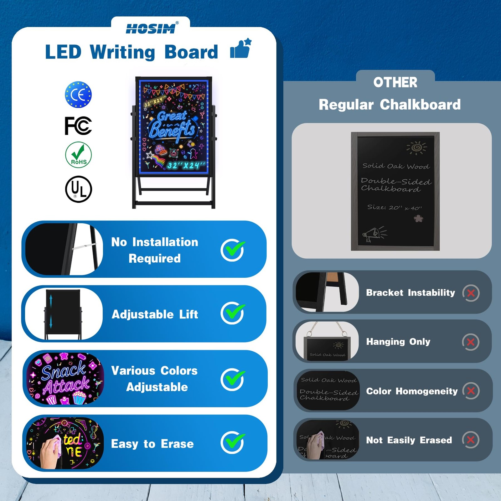 Hosim Standing A-Frame LED Message Writing Board 20"W x 28"H, Colorful 28×20"