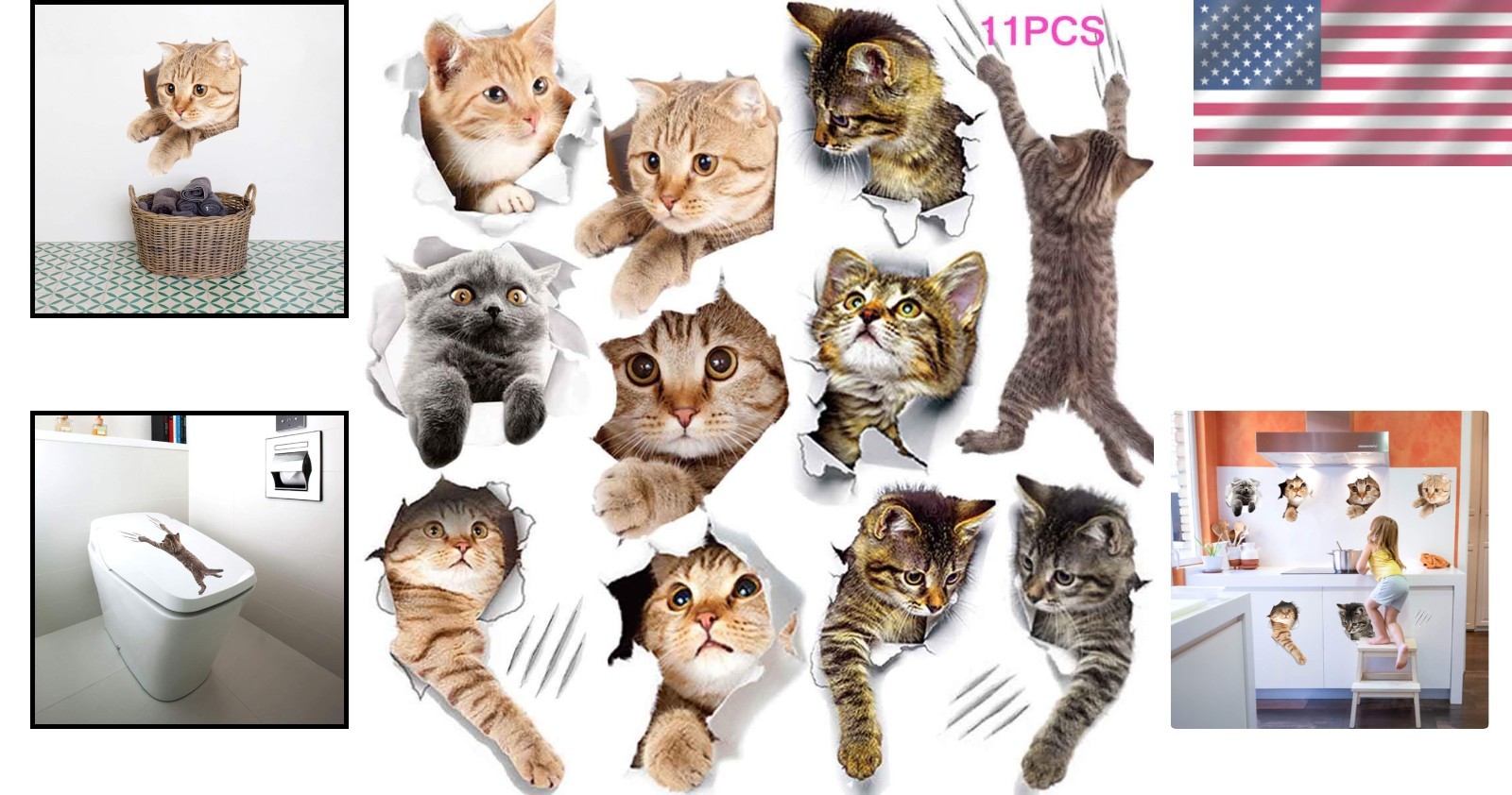 Cute 3D Cartoon Cat Wall Stickers – Easy Peel Vinyl Decor for Kids' Rooms