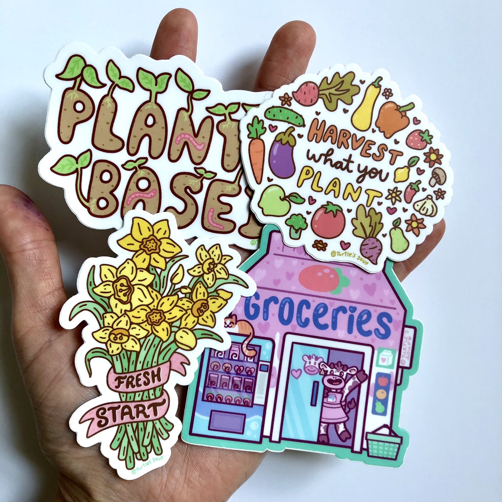 NEW! Turtle’s Soup SET OF 4 VINYL STICKERS / DECALS — 3×3” Whimsical Plant Theme